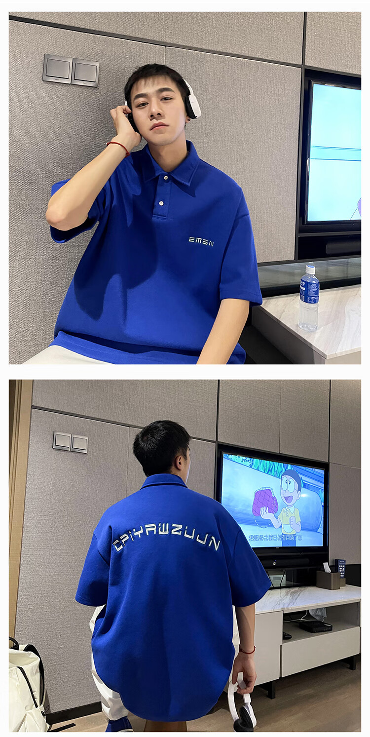 中奥冠军polo衫男夏季潮牌刺绣大码休闲翻领短袖港风宽松黑色m
