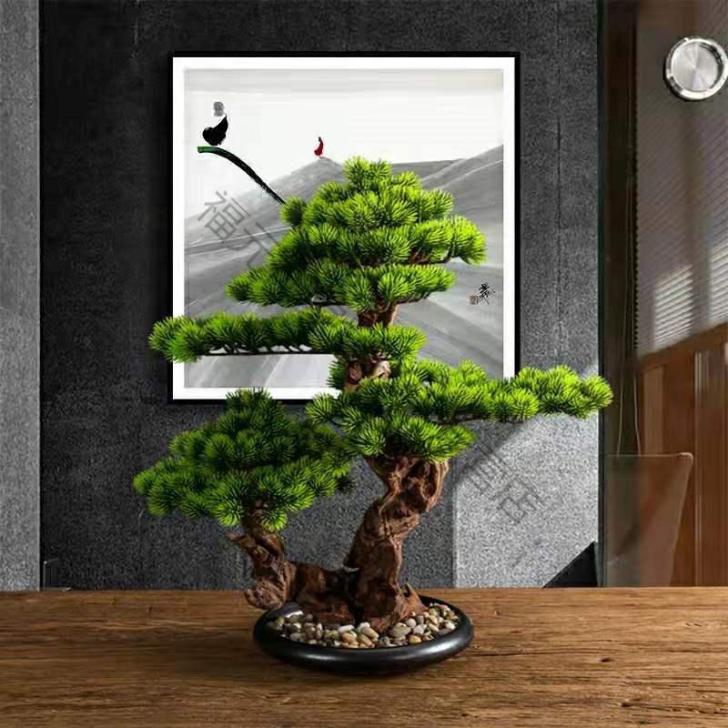 客厅实木仿真迎客松酒店桌面玄关绿植物假松树罗汉松盆景室内摆件绿d