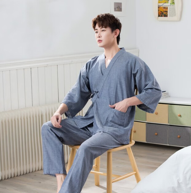 日式睡衣男士和服睡衣套装色织双层纱布家居服汗蒸桑拿春秋秋季棉纱