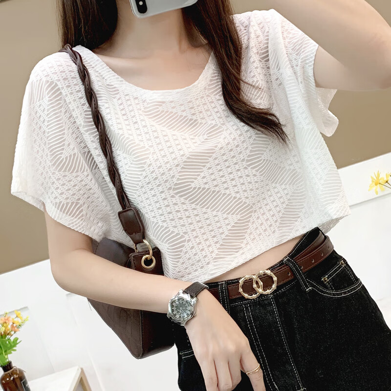 la 出口t恤女 2022夏新款网衫蝙蝠袖t恤套头宽松外搭百搭短款镂空罩衫
