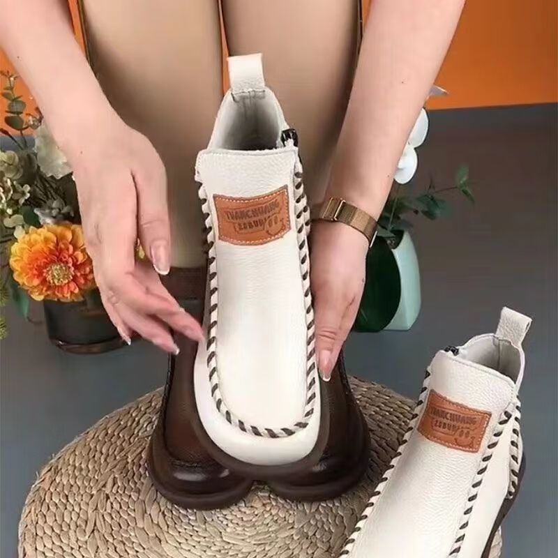 马丁靴女秋冬2022秋冬新款景本色头层牛皮软底小皮鞋女时尚马丁靴防滑