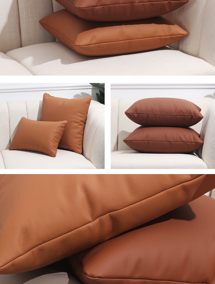 真皮沙发配的靠垫轻奢豪华头层牛皮抱枕客厅棕色油蜡皮靠枕美式靠背护
