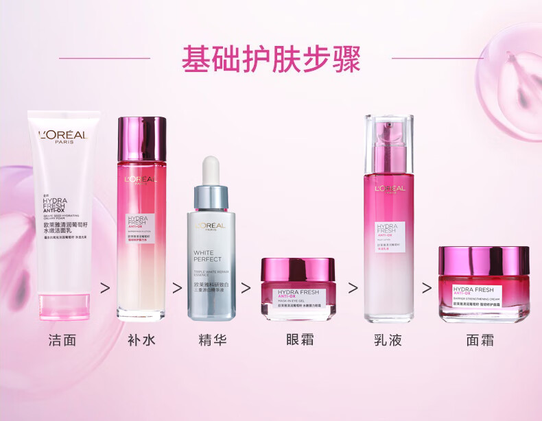 欧莱雅清润葡萄籽护肤套装洁面乳爽肤水乳液精华面霜眼霜滋润补水保湿细致毛孔提亮肤色女士 洁面乳+爽肤水+乳液