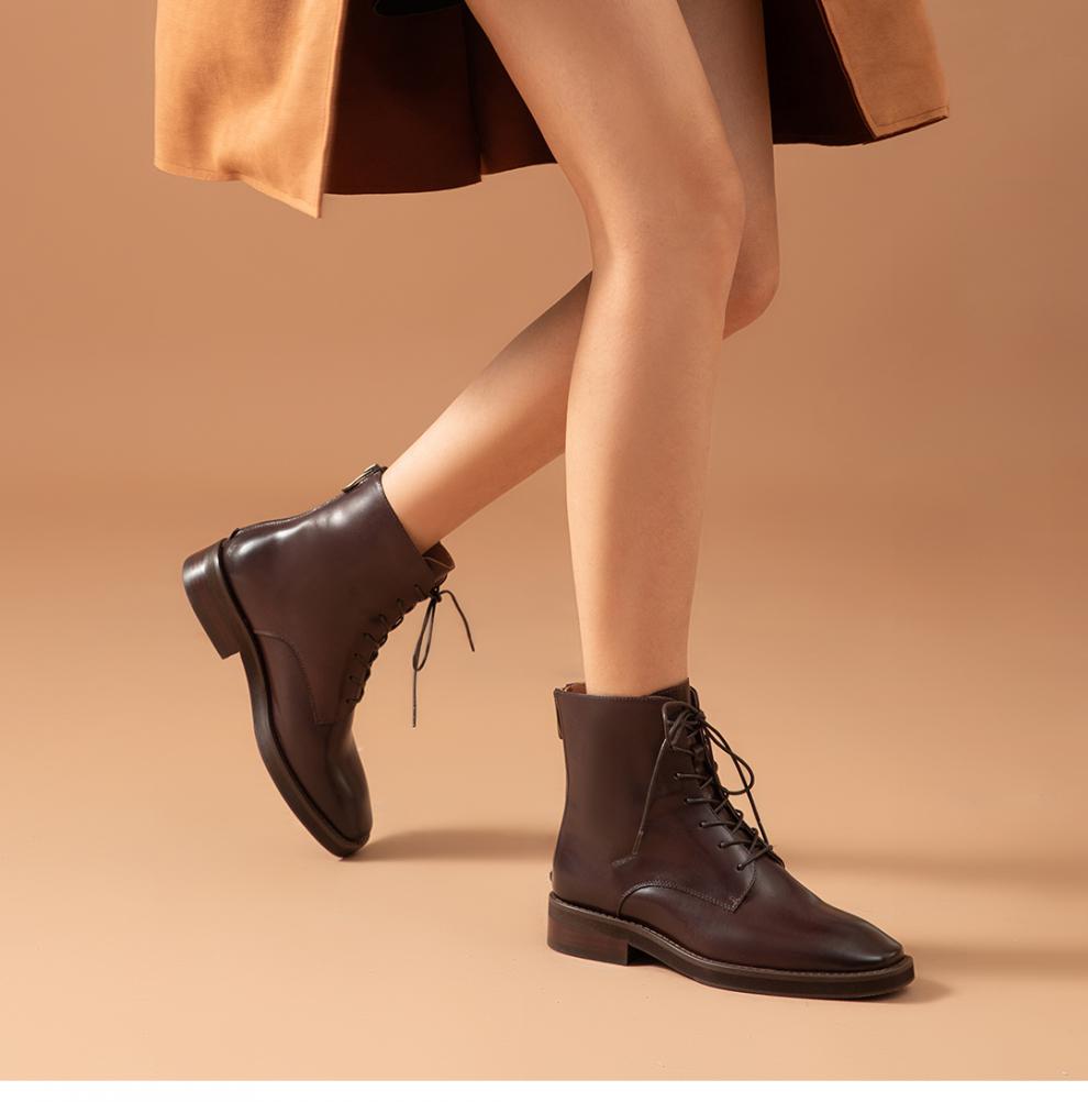 beautoday2020秋冬新款时尚马丁靴女真皮中跟粗跟短靴英伦风女靴03840