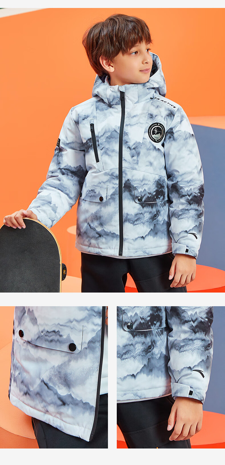 安踏儿童中国冰雪丨大童羽绒服男滑雪保暖厚外套百搭黑3130cm