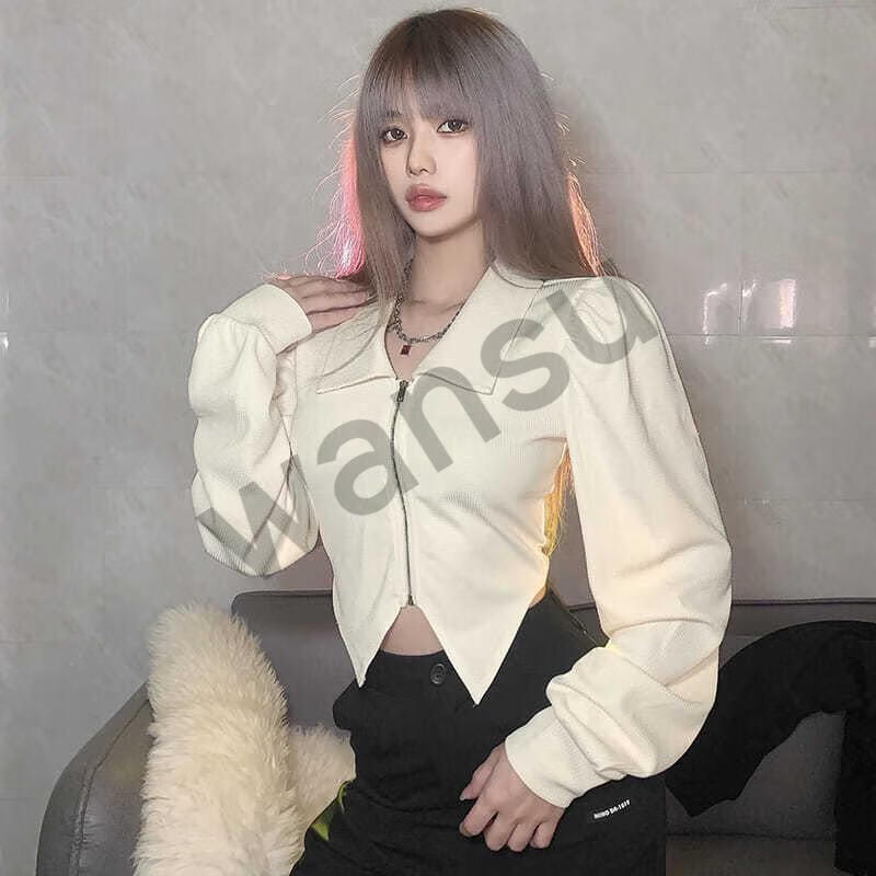 晚苏 复古翻领不规则燕尾长袖百搭修身提拉米苏设计拉链上衣女打底