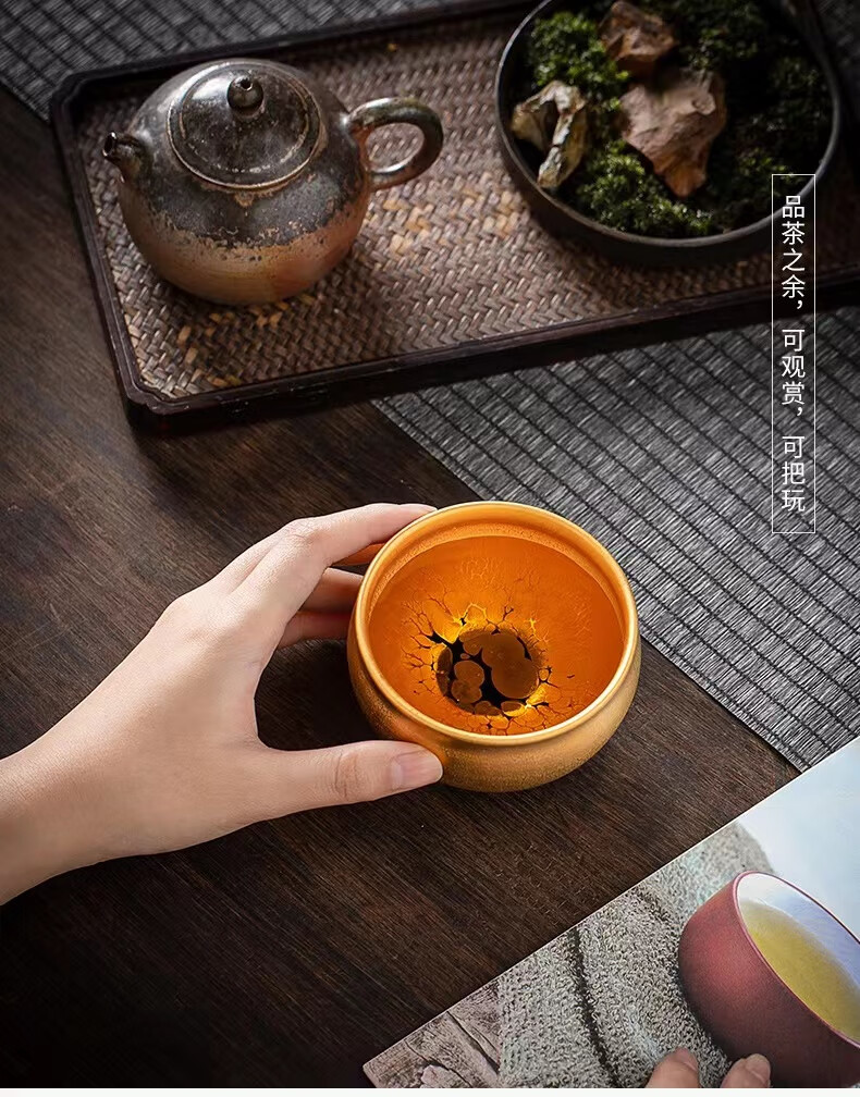 茶杯建盏茶杯金盏金油滴纯手工功夫主人杯陶瓷天目盏品茗杯 寿比南山