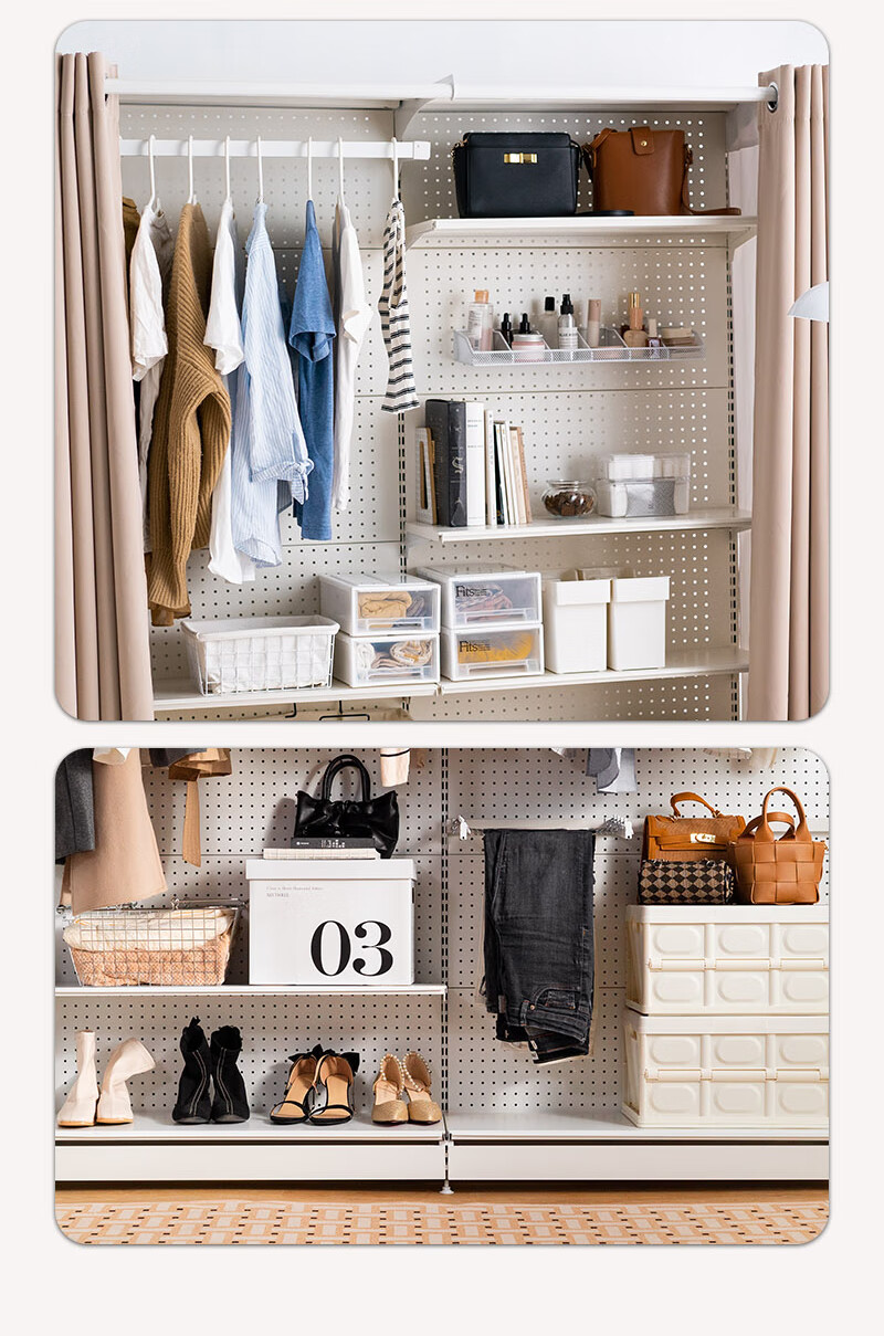 衣柜开放式出租房家用卧室无门收纳神器双挂杆衣柜75宽190高带防尘帘