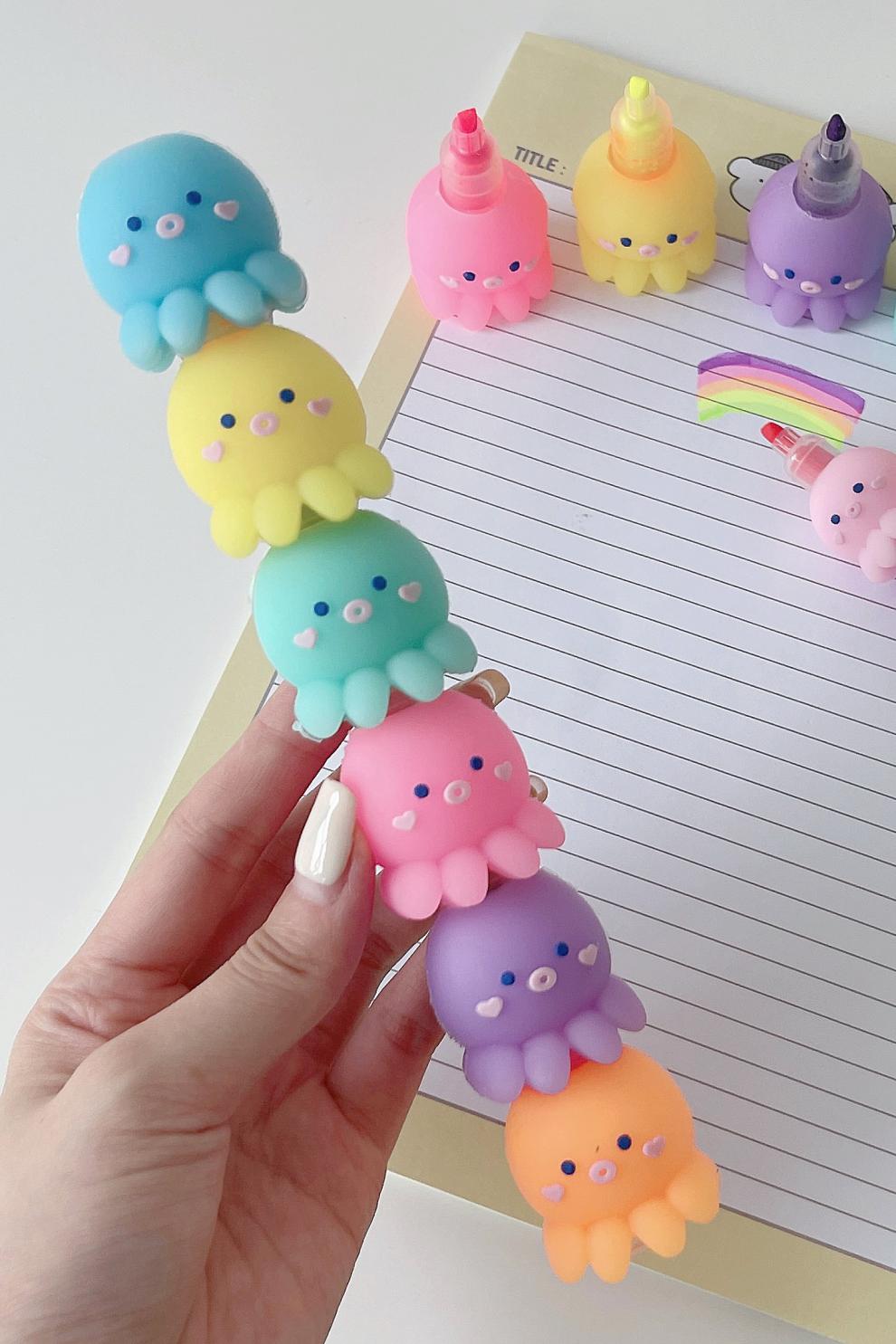 lism 可爱章鱼5色荧光笔 学生卡通小熊记号笔迷你 小号章鱼一套 5个