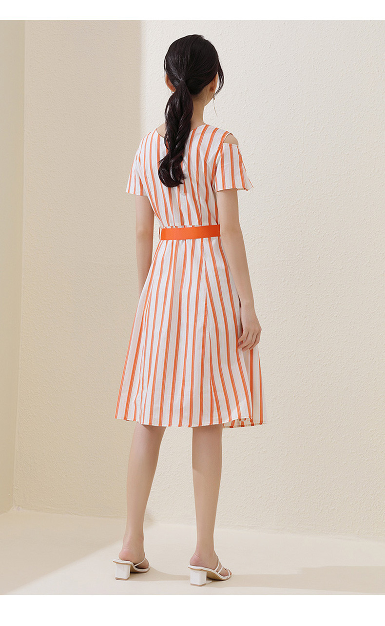 熙然夏季新款v领气质绑带收腰撞色竖条纹露肩连衣裙纯棉裙子蓝色条xl