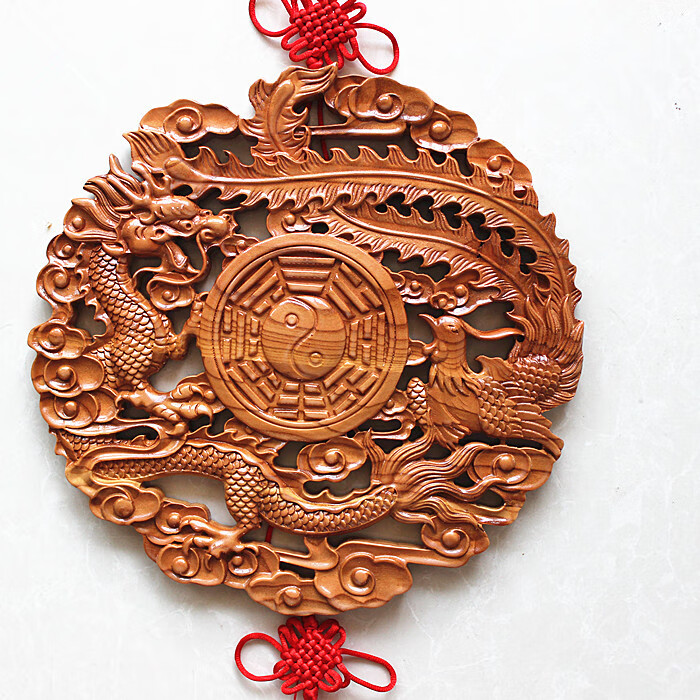 静黛桃木龙凤八卦镜龙凤呈祥龙凤镜桃木八卦凤凰牡丹约40cm龙凤呈祥