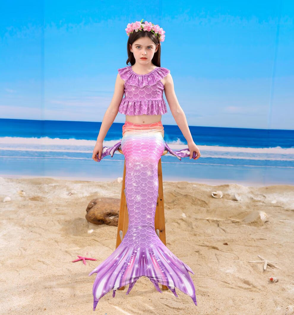 迪士尼商场同款女童美人鱼尾巴衣服中大童游泳套装夏儿童泳衣分体人鱼