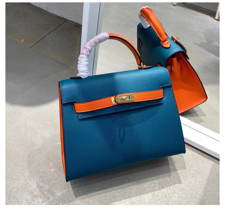 agotg品牌2022新款潮二代真皮女包时尚拼色凯莉包单肩斜挎手提撞色