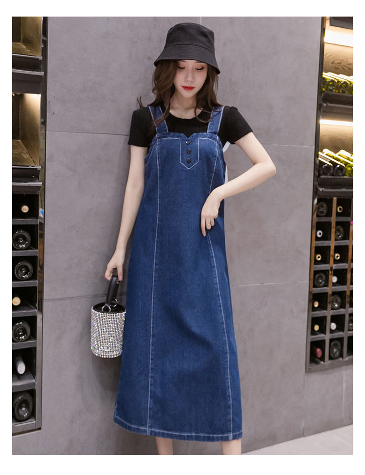 牛仔背带裙女春夏大号牛仔裙中长款遮肚显瘦a字吊带连衣裙子蓝色s