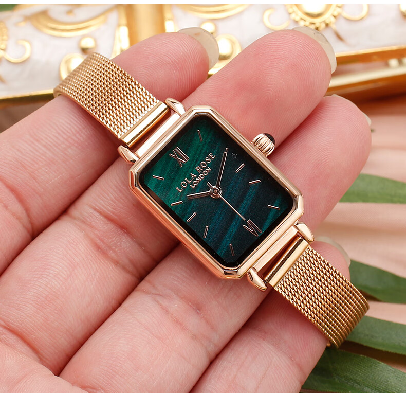 rose小绿表真皮手表带 复古小方盘ins风女款表链10mm 绿色 b001钢色针