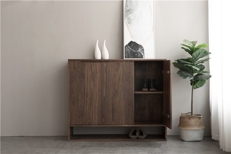 纯时光 纯全实原木鞋柜玄关一体现代简约多层黑胡桃高端大隔断家用