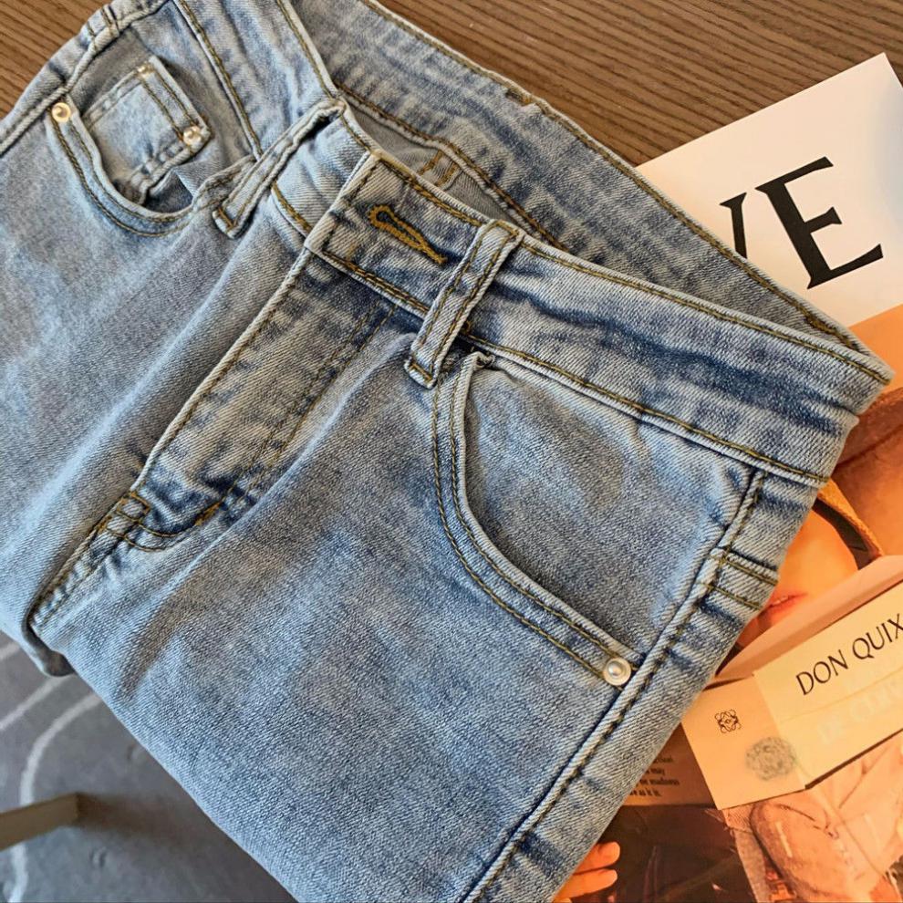 浅蓝牛仔裤女小脚裤春夏韩国小个子后拉链开叉弹力九分铅笔裤(牛仔裤)