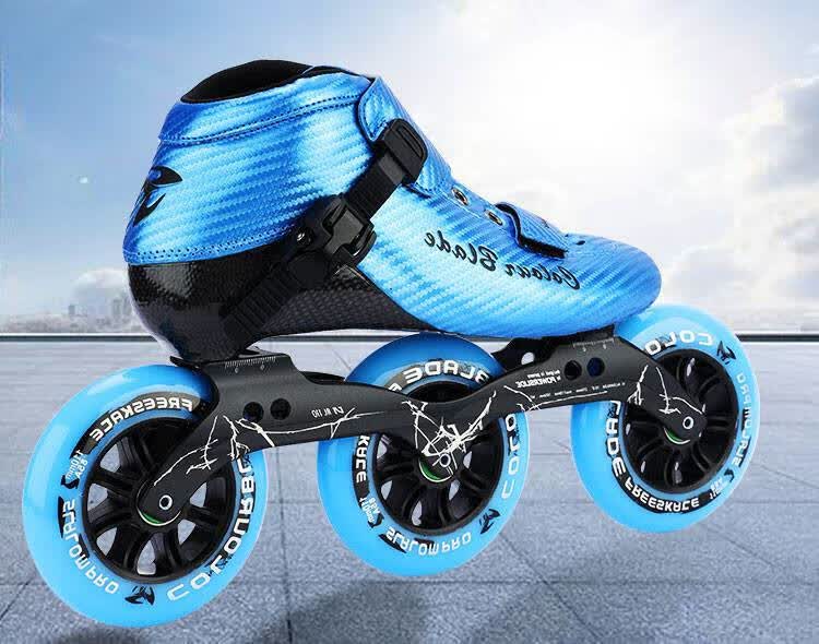 速滑鞋竞速大轮三轮碳纤维速度轮滑鞋儿 蓝色套餐二 (轮子大小备注)