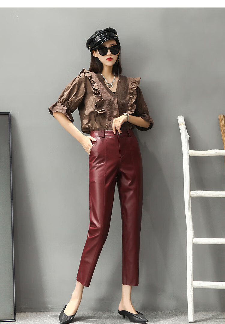 皮裤女真皮紧身显瘦小脚裤九分百搭铅笔裤休闲皮裤子潮 卡其色 s