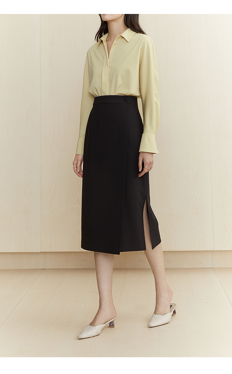 范思蓝恩 秋新款直筒开衩半身裙女中长款通勤半裙高腰a字裙子 咖色 l