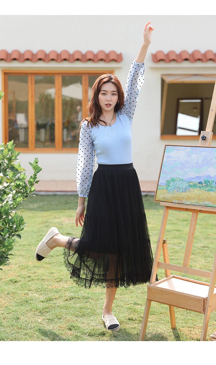 朵以2022春季新款浪漫百褶裙宽松高腰蕾丝百搭纱裙蛋糕半身裙女37vc63