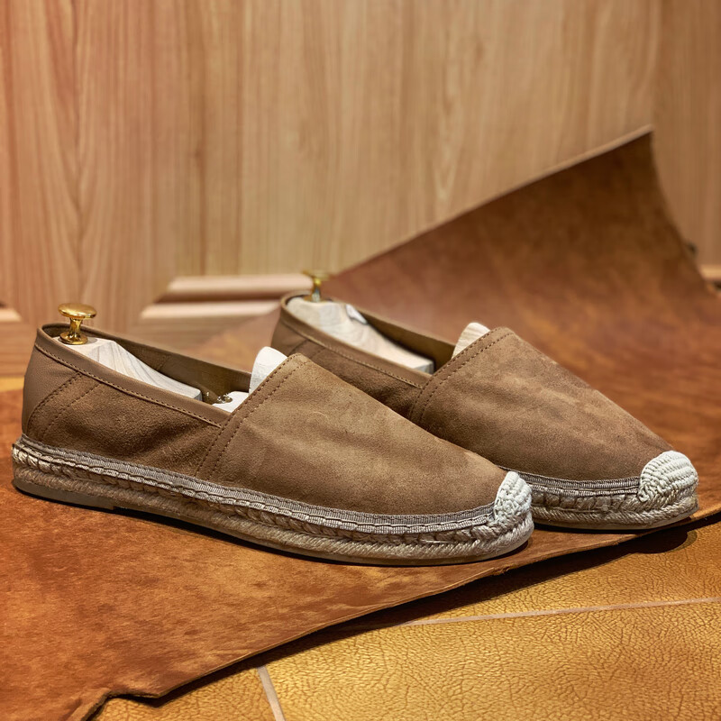 cl羊皮渔夫鞋男懒人鞋反绒皮一脚蹬平底鞋编织鞋咖啡渔夫鞋39