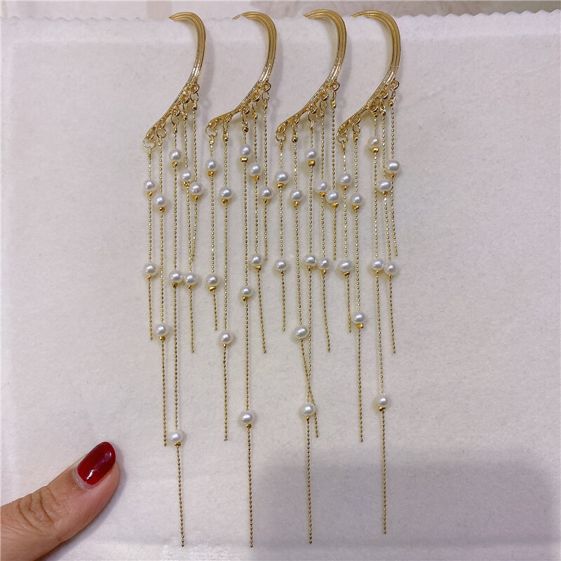 吉乐瑞 古风汉服耳挂淡水珍珠流苏仙气森系气质个性耳饰女链条耳骨无