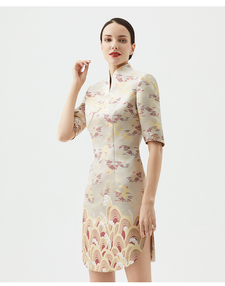 夏职业装女气质连衣裙前台迎宾礼仪售楼部旗袍工作服金色旗袍预售s