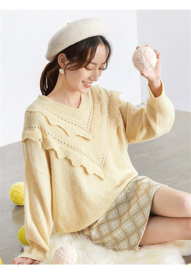 年早秋冬新款v领毛衣日系甜美女神款毛针织衫女套头外穿上衣米黄时尚