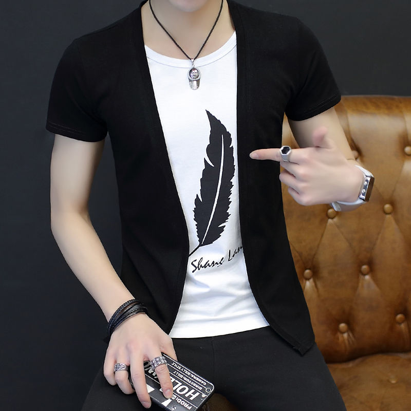逸滨短袖t恤男韩版潮假两件帅气开衫发型师非主流上衣服男士夏季个性t