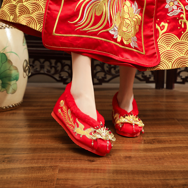 锦人初汉服鞋女2021年冬季加绒鞋女中式内增高婚鞋复古汉服鞋红色新娘