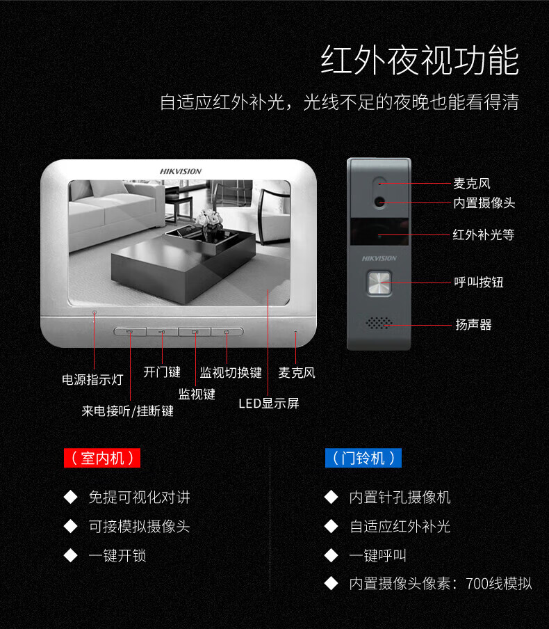 4，海康小門童套裝DS-KIS203防水款門鈴可眡對講別墅樓宇門口機 室內機