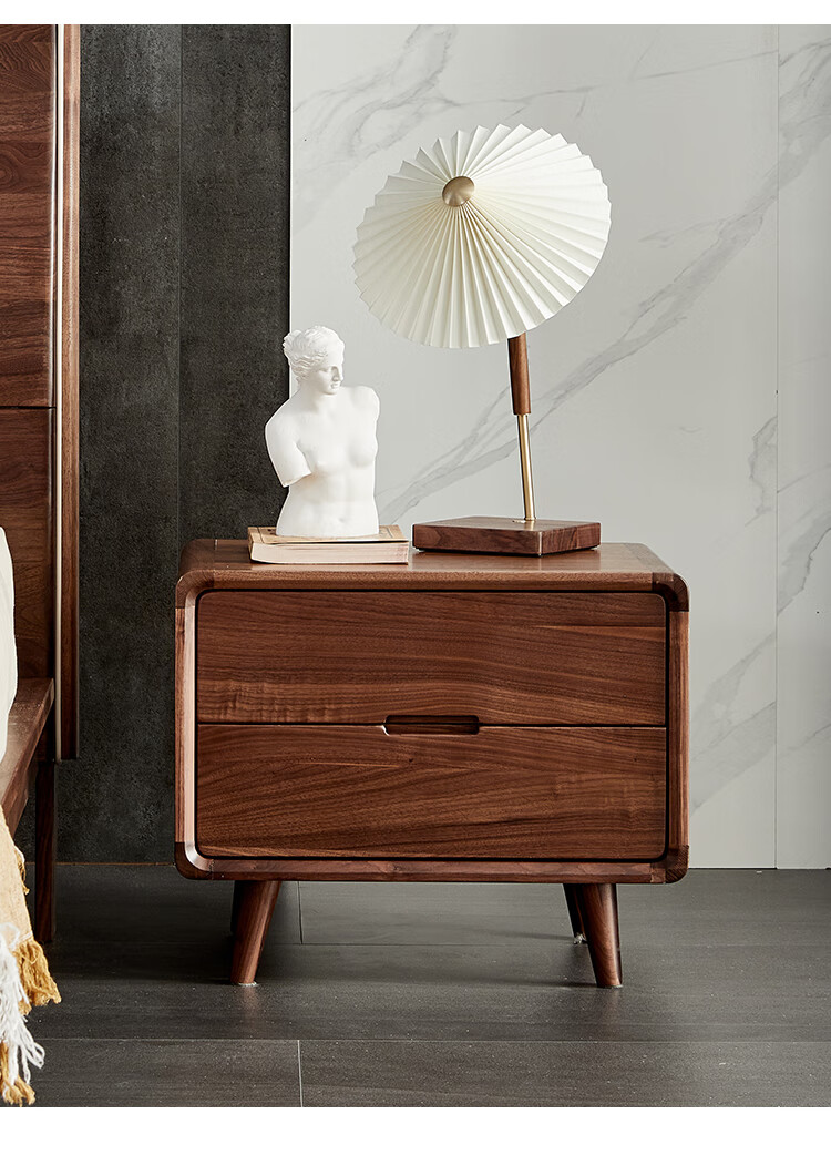 语伊森实木床头柜简约现代轻奢卧室创意黑胡桃实木床头柜小型床边抽拉