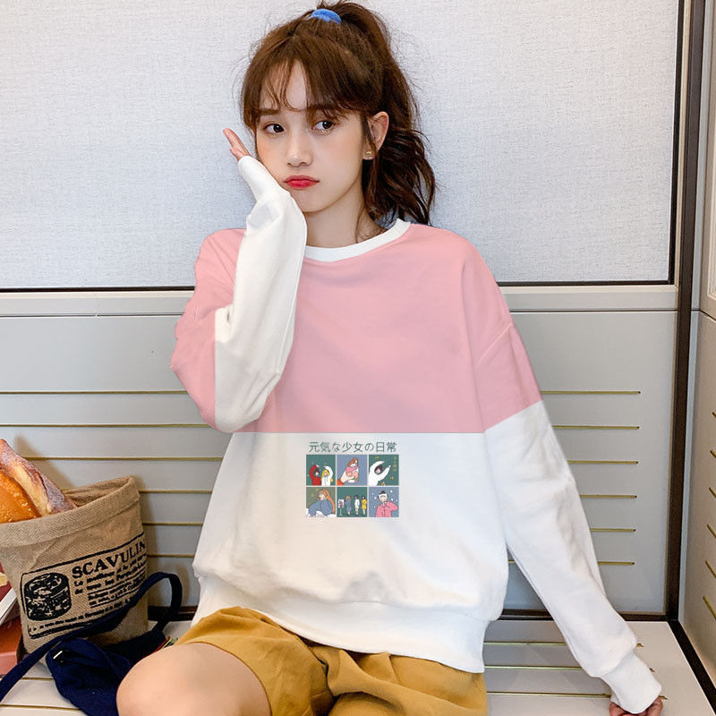 学生宽松妹妹女装新款长袖圆领拼接卫衣蓝猫咪卫衣单件l95115斤内可穿