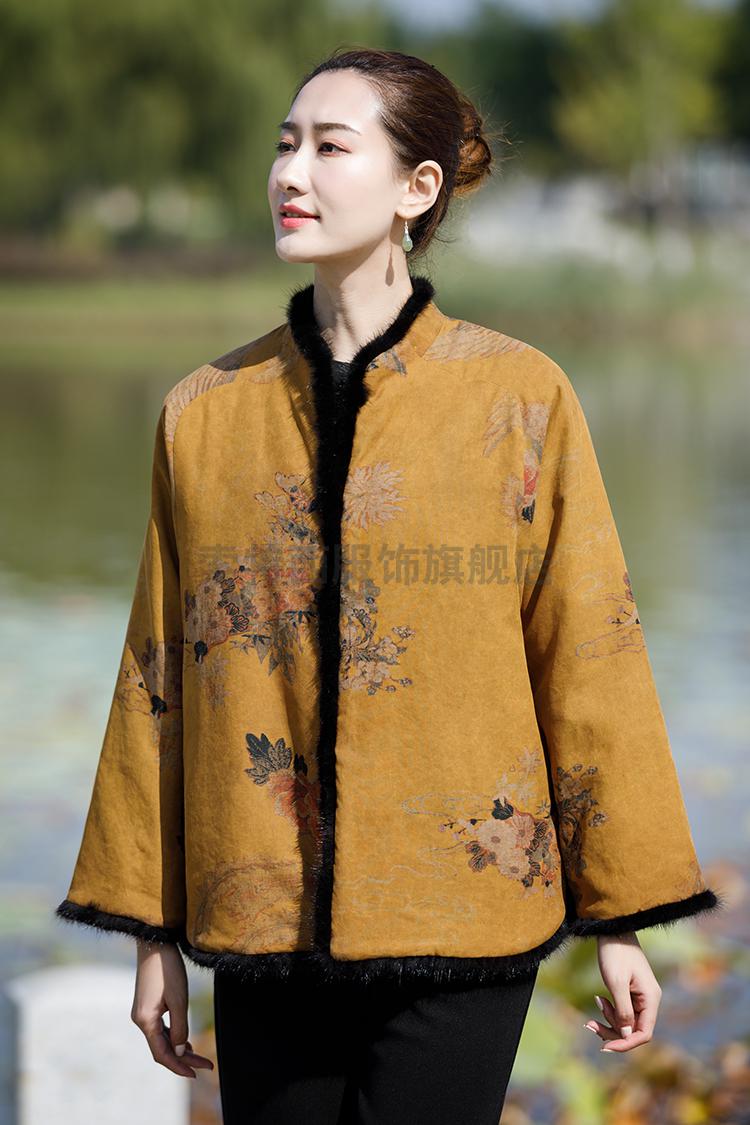 索特西香云纱棉袄冬季保暖夹棉中式唐装棉服上衣轻奢文艺复古女装秋叶