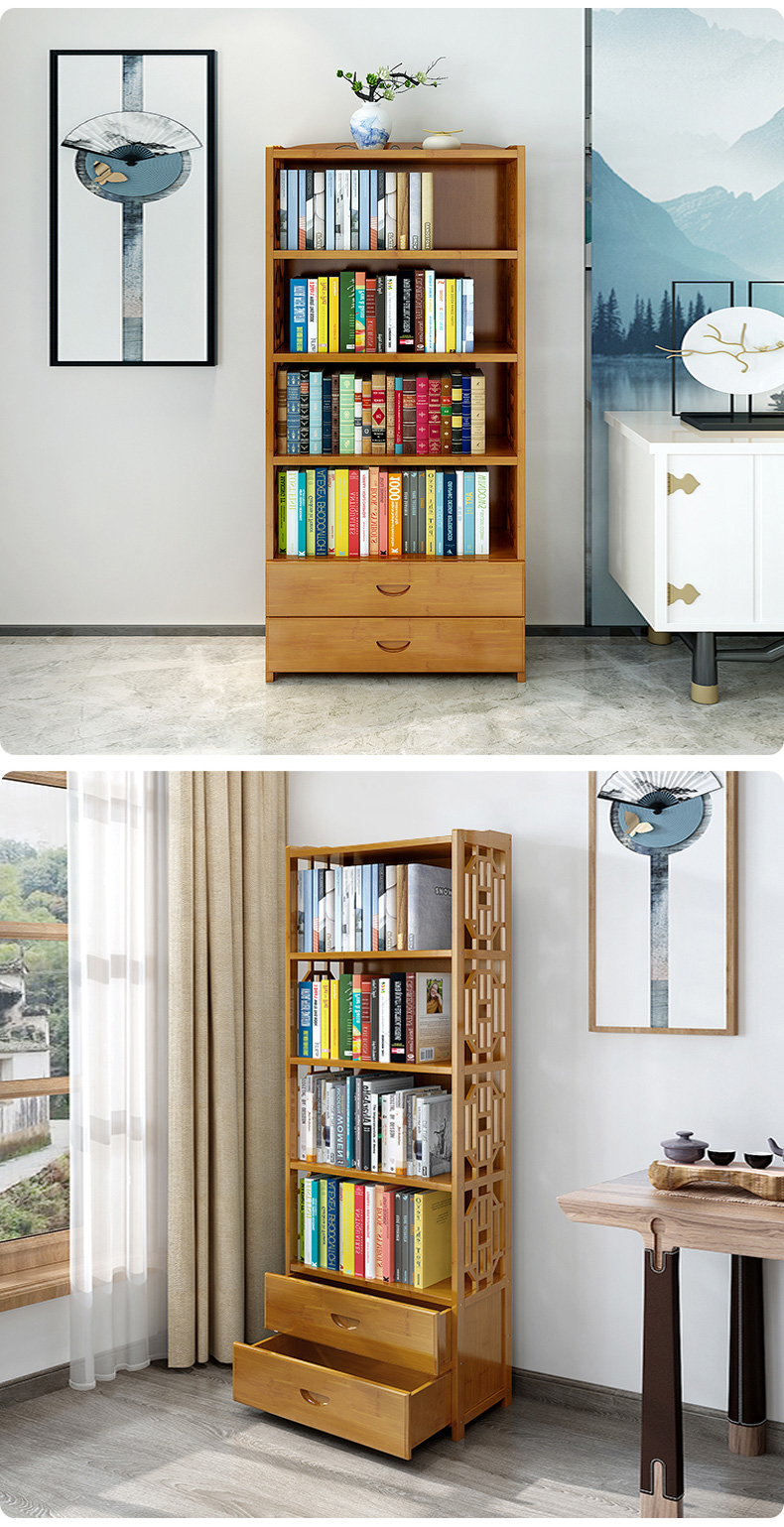 小型书架竹书架可移动书架复古抽屉书柜竹子书架落地组合学生书架楠竹