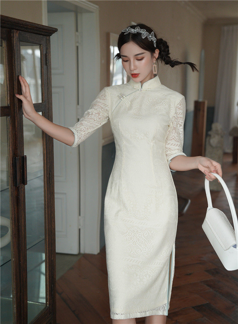 彩木夏新款刺绣小花蕾丝改良版秋季旗袍中长款七分袖少女气质修身