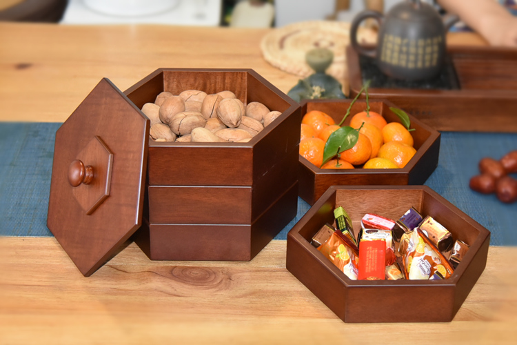 京兰干果盒中式木质家用瓜子零食盘水果盘分格带盖创意客厅年糖果盒