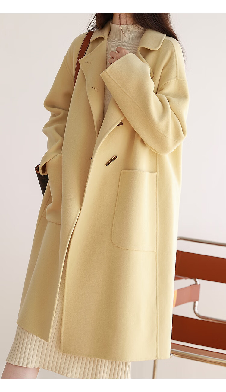 嘉茱莉2021秋冬新款鹅黄双面呢大衣女中长款毛呢外套呢子韩版 暖黄色 