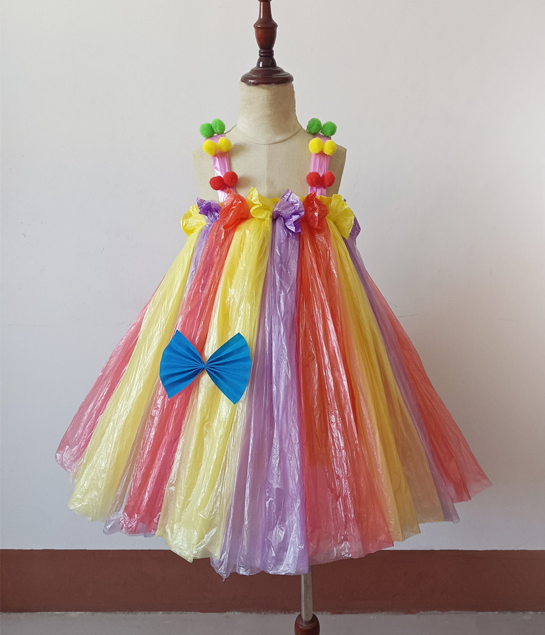 环保时装秀女孩幼儿园儿童走秀创意公主裙演出子手工制作裙 红黄紫肩