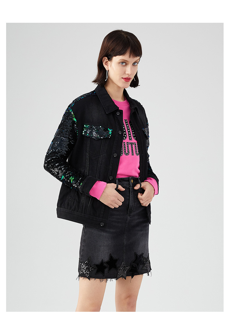 juicycouture橘滋女装秋冬新品珠片设计炫彩logo图案牛仔外套女黑色s