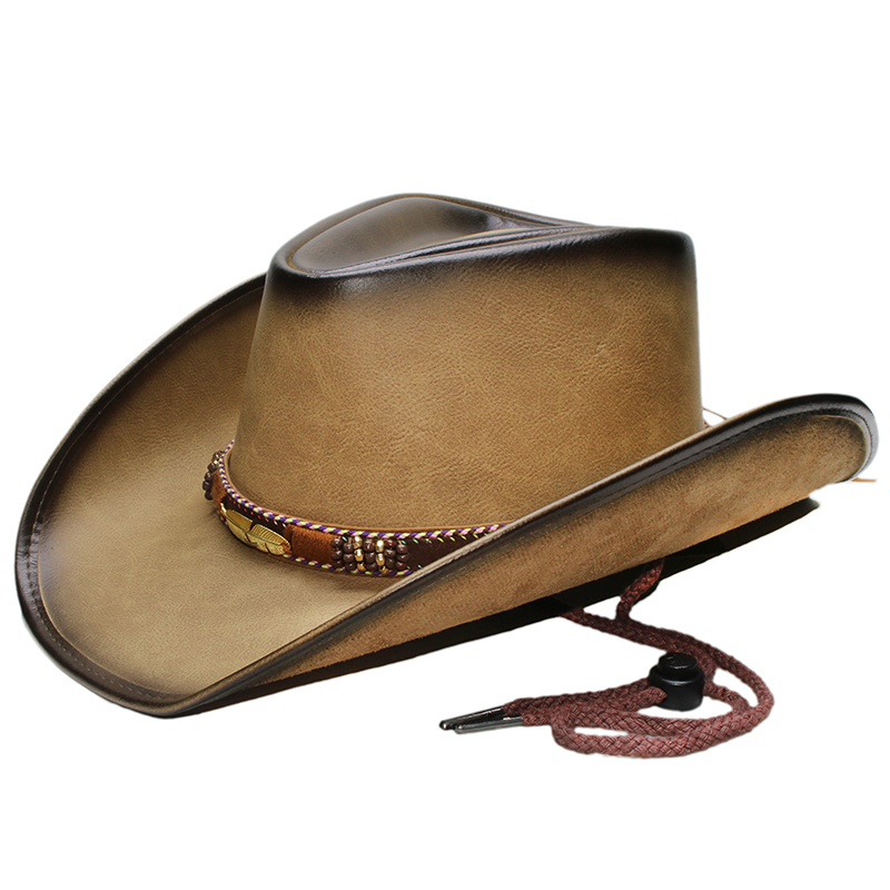 美国西部牛仔帽男女树叶皮革大檐美国西部骑马沙滩帽牛仔帽遮太阳帽子