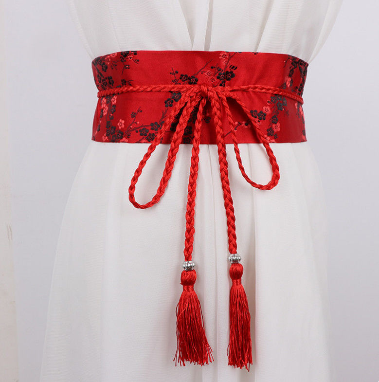 刺绣腰封汉服绑带腰封束腰流苏女士中国古风红色梅花刺绣宽腰带连衣裙