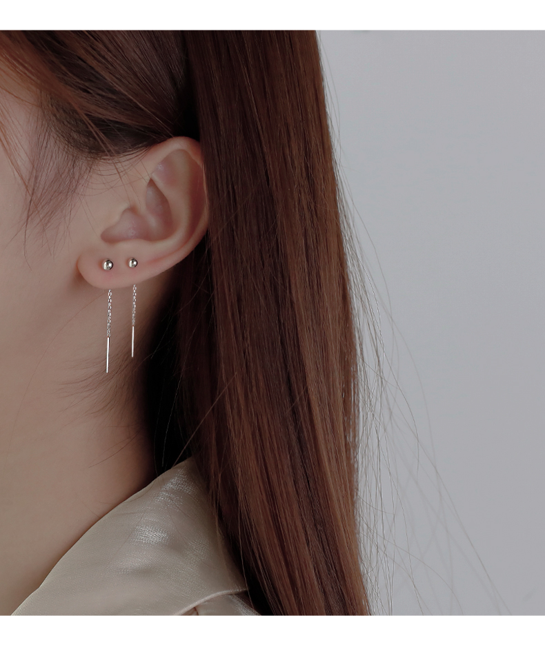 双耳洞连体耳钉925银气质耳线女秋冬2021年新款潮耳坠感耳饰通体925银