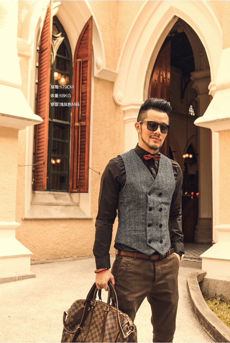 新款秋冬男英伦复古风修身人字纹毛呢马甲休闲呢子双排扣马夹背心浅