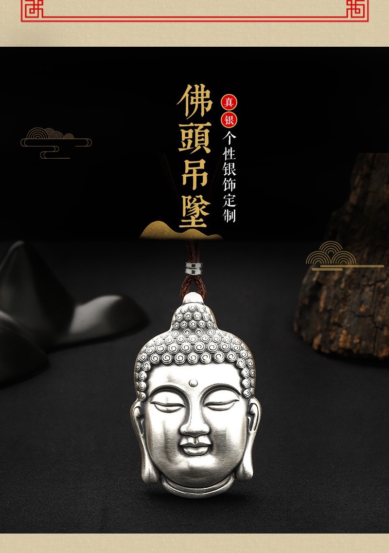 3d硬银银佛吊坠足银999如来挂坠佛头佛像项链毛衣链银饰康嘉夫人 复古