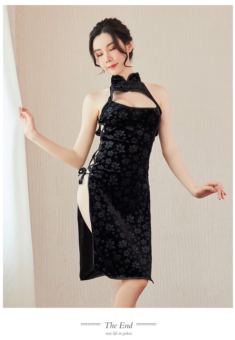 情趣内衣女性感印花旗袍开档诱惑制服角色扮演大码套装情趣性用品黑色