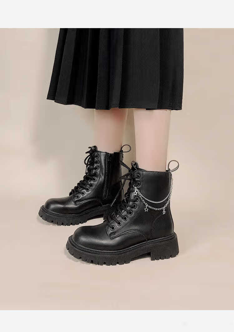 马丁靴女冬季学生星芒链条黑色马丁靴女英伦风女生中筒靴子潮ins酷加
