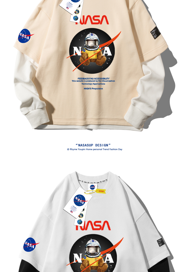 nasa联名潮小熊流宇航员小熊宽松男女情侣假两件圆领卫衣t男外套 u