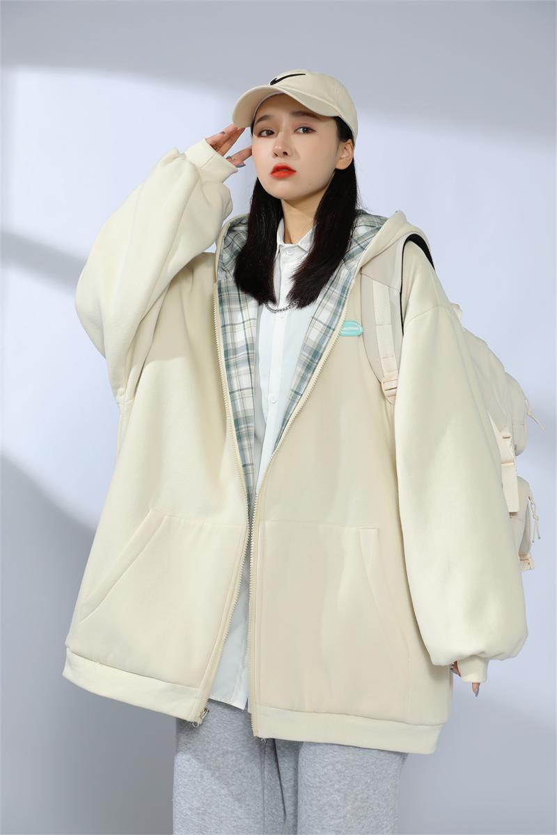 卫衣女格子潮流ins贴标拉链宽松休闲纯侣外套杏色双层双面穿m收藏联系